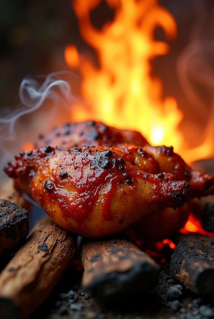 Please make me barbecue chicken, with a background of a fire.