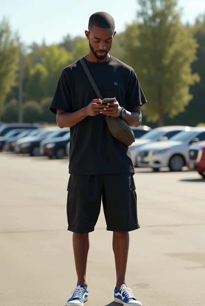 best qualityer:1.4), (ultra high resolution:1.2), (photorrealistic:1.4), (8k, CRU photo:1.2), a thin young man of 20 years old, skin black, with a smooth, beardless face, corte de cabelo buzzcut. is standing outdoors in a parking lot. He has a thin build. He is dressed casually in a loose black t-shirt and black shorts., with white and blue sneakers. He is holding a phone in his right hand and looking at it intently.. He has a small shoulder bag across his chest.. The lighting is natural, indicating a sunny and warm day. Corte de cabelo buzzcut. has 1.75 metros de altura. Corte de cabelo buzzcut 