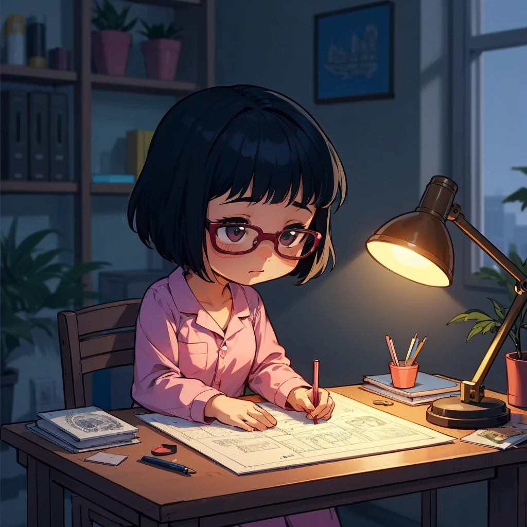 A cute chibi-style illustration of an arki student working on her architectural plates at a drafting table. Its already midnight. The room has a graphing table, the lamp is on, and other materials around her. The student has black short hair. She is wearing her pink pajamas. She has a tired expression.