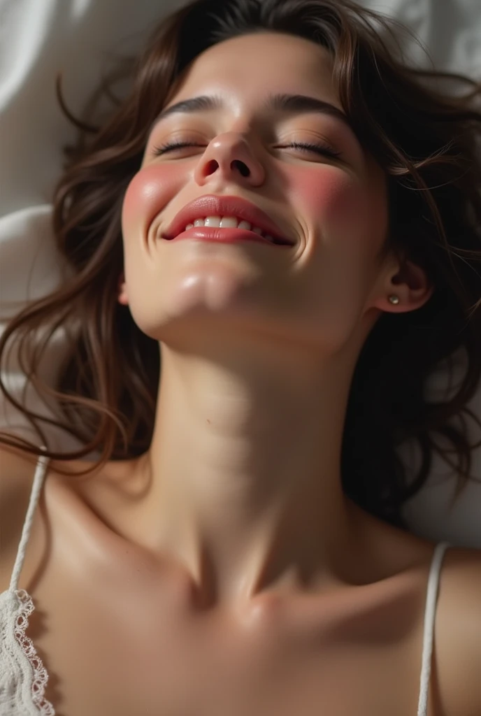Detailed depiction、accurate depiction of humans、Impersonal、fascinating armpit hair、Natural skin、heav breathing、skin breathing、((Joyful smile))、Beautiful teeth alignment、Pouty lips、lipgloss、nsfw、huge tit、nudde、a bed、((perspiring:1.5))、((Skin shiny with sweat:1.5))、((Open your mouth and smile:1.4))、Right in front of you、hight resolution、hightquality、natural soft light、35mm Lens、f/1.4、High sensitivity、more、Close to。Look here、Look at me、Face Up、((detailed portrait))、A dark-haired、(Big eyes)、(Beautiful iris)、(Normal eyes)、lovely smile、The best smile、hightquality、high-level image quality、hight resolution、Masterpiece、Excess pheromones、