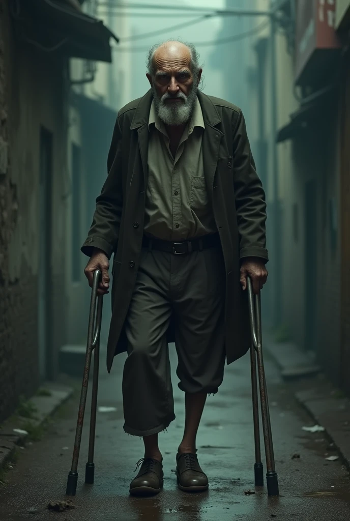 An image of an elderly man walking , in the opposite direction to the camera with crutches with the left leg amputated, that is, without the left leg so that only half of the pants are visible, terrifying and real dark