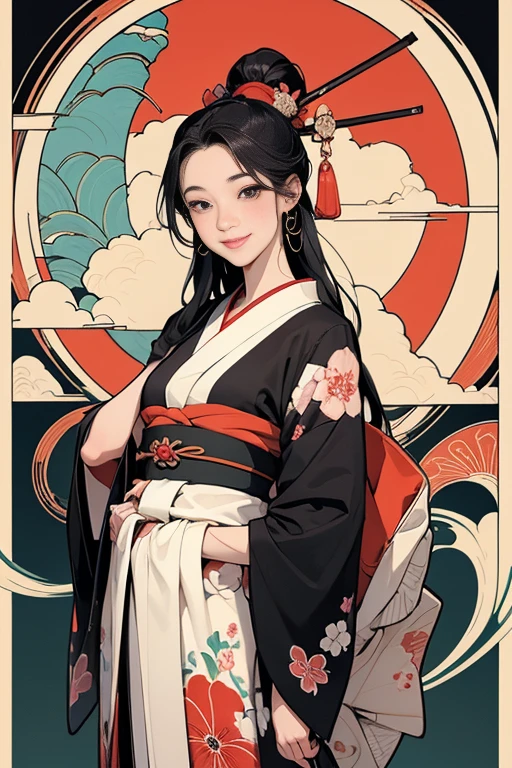 A beautiful woman smiles and shows her upper white teeth、Vividly colored Japanese Ukiyo-e style illustrations、(SeaArt creates stunning illustrations of beautiful women in kimono)、Brown-black long hair、Beautiful full body style、Beautiful digital painting,、Bright vibrant digital anime art、 Detailed digital anime art、 Beautiful anime portraits、background、Torii gates of Fushimi Inari Shrine in Kyoto, Japan、Detailed CG、