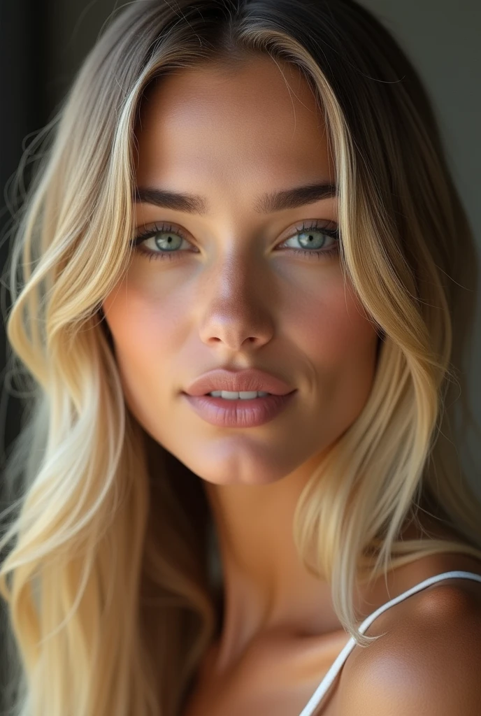 A very realistic and detailed photo of beautiful italian woman, light makeup, long straight sleek blonde hair, high quality photo 4k, very detailed, perfect fit, looking at the camera, detailed realistic face, detailed eyes