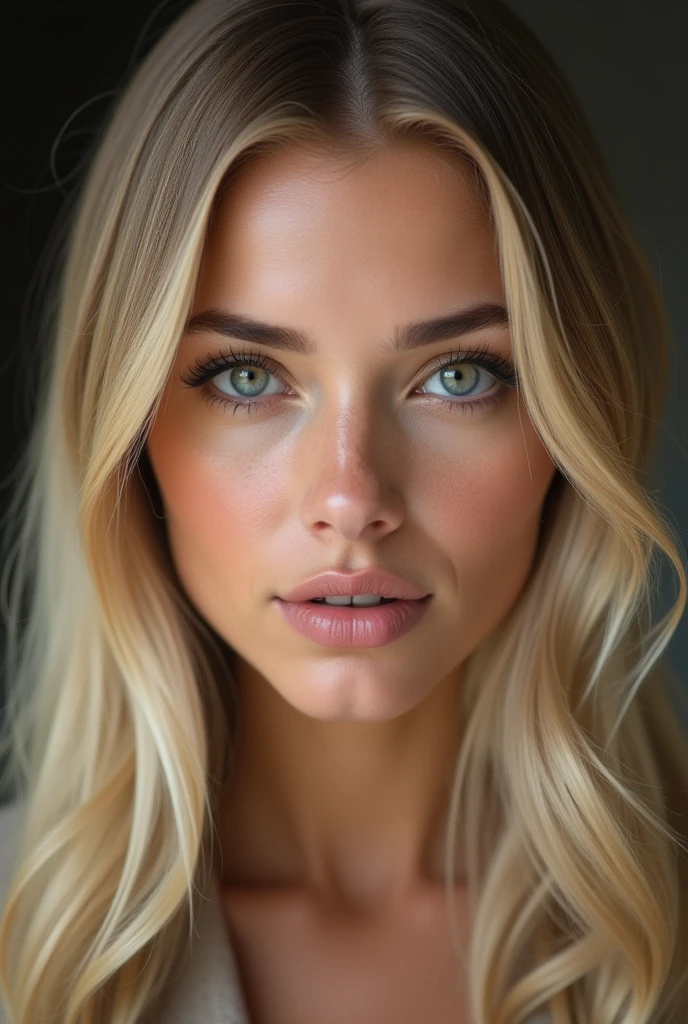 A very realistic and detailed photo of beautiful italian woman, light makeup, long straight sleek blonde hair, high quality photo 4k, very detailed, perfect fit, looking at the camera, detailed realistic face, detailed eyes