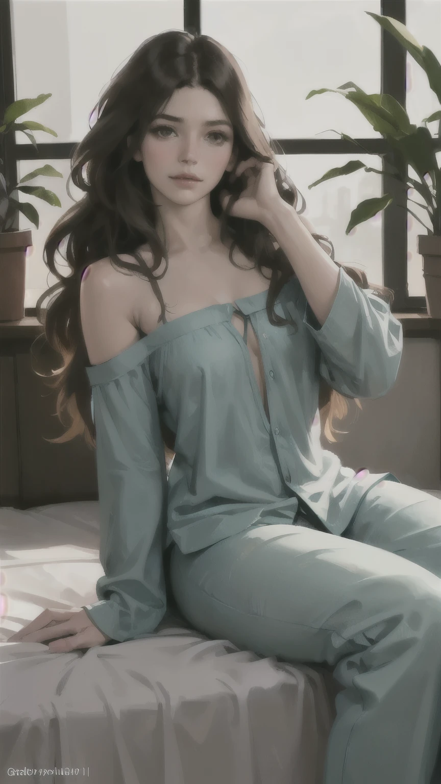 (photorealism:1.2), beautiful woman, sitting on bed, wearing loose off-shoulder top, pajama pants, long curly hair, indoors, soft lighting, plants in background, window with sunlight, cozy room, relaxed pose, realistic, intricate details, warm colors, by Greg Rutkowski, by Alphonse Mucha