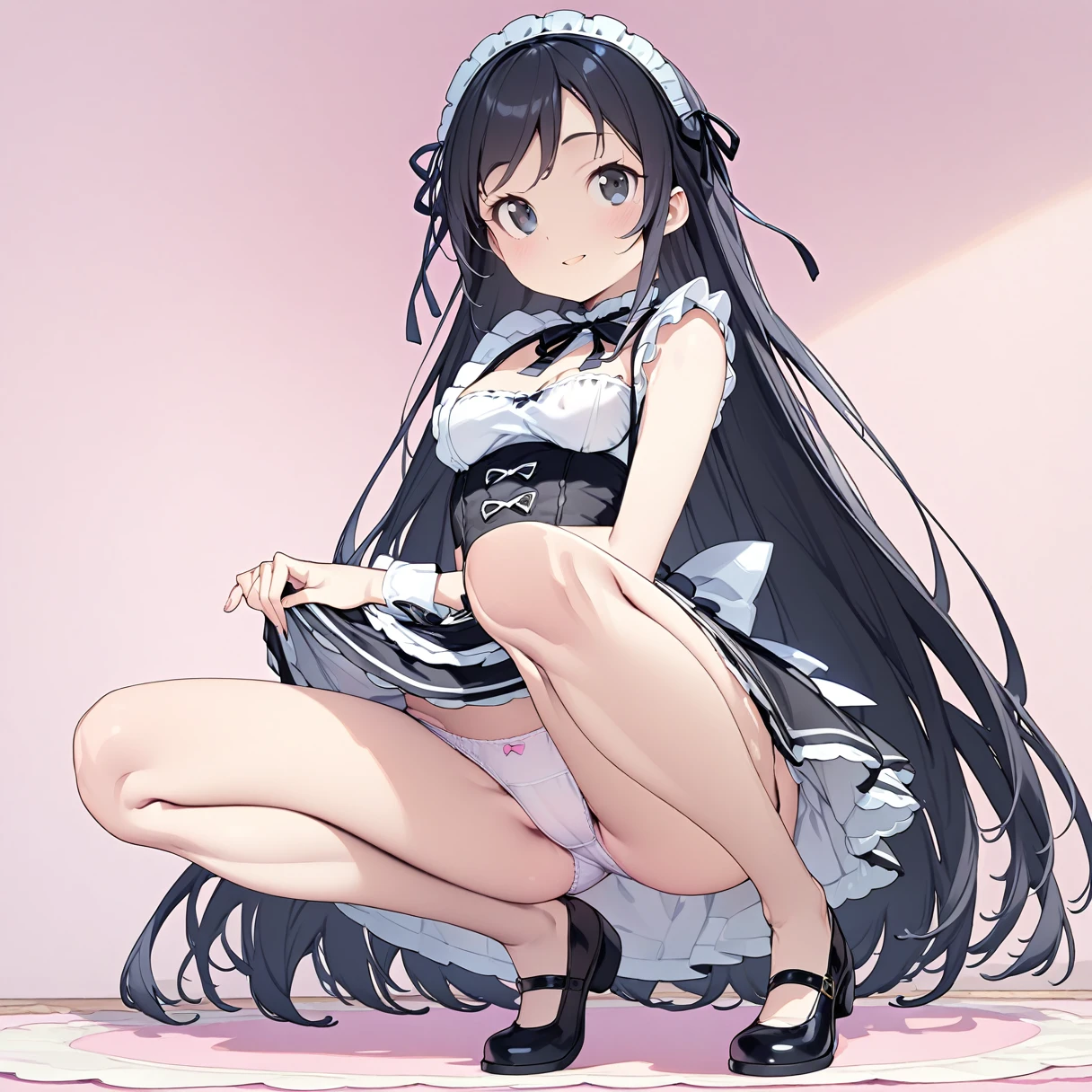 (masterpiece), (Highest quality), High resolution, (Very detailed), (Best illustrations), (Best Shadow), (so beautiful), (very cute), (Absurd), (Pink Background), (Pink Room), (Pink carpet), Round face shape
(Highly detailed face), Perfect limbs, Intricately detailed face, (High Contrast:2)
(Head to toe full body view), Take center,
My Little Sister Can't Be This Cute, (Aragaki Ayase), (Ayase Aragaki), 1 girl,
Black Hair, blue shiny hair, Long Hair, black eye, Round Breasts, Shyness, smile, Pitiful,
Perfect limbs, Perfect Anatomy, Thin legs, Five perfect fingers, One person, so beautiful少女, very cute少女, Big eyes, slender, Tight waist,
Beautiful Skin, Wet, sexy, Charm, full body of a young girl,
(One person、solo:1.3), Full Shot, panoramic,
Erotic, ,
Steampunk maid outfit, Short skirt, ribbon, 小さいribbonが付ストッキング,
Black striped underwear, White frilly underwear, 小さいribbonが付いてる下着,
(Skirt Lift:1.2),(Grab your skirt:1.2),
(A composition showing panties in a squatting pose),
恥ずかしがり屋のBig eyes, Looking into the camera,
Beautiful legs, View from the front,