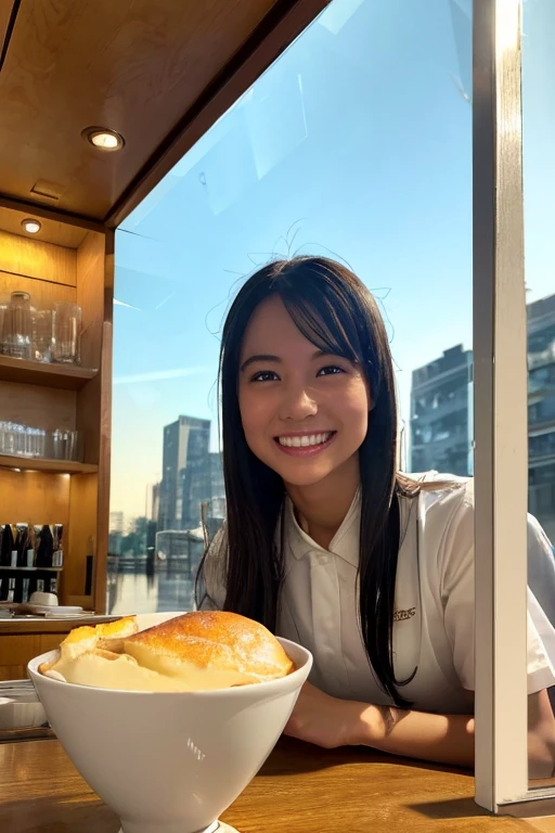 (8k, RAW photo, best quality, masterpiece), (photorealistic), outstanding details, ultra-high resolution, anatomically correct, textured skin, (Extremely precise and accurate anatomy),
Ultra Detailed Face, Detailed Eyes,
1 Girl, barista uniform, forehead, pulled back hair,
(Cute Japanese girl , 20-year-old), (light smile:1.2), (Mouth slightly open) ,
cinematic lighting in the hair, hair light, wind in the hair,
open cafe,
(backlighting),
(reflection light from below:1.4),
atmospheric perspective, depth of field,
(dramatic lighting), cinematic lighting,