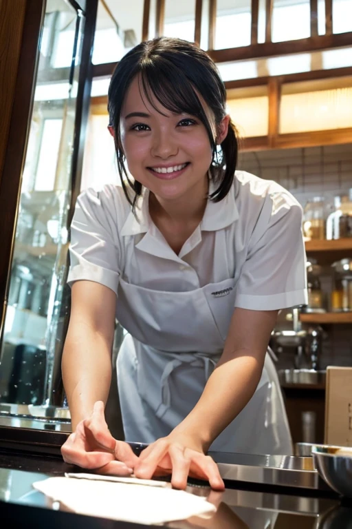 (8k, RAW photo, best quality, masterpiece), (photorealistic), outstanding details, ultra-high resolution, anatomically correct, textured skin, (Extremely precise and accurate anatomy),
Ultra Detailed Face, Detailed Eyes, 

 1 Girl, barista uniform, forehead, pulled back hair, 
(Cute Japanese girl , 20-year-old), (light smile:1.2),  (Mouth slightly open) , 
cinematic lighting in the hair, hair light, wind in the hair,
open cafe, 

(backlighting), 
(reflection light from below:1.4), 
atmospheric perspective, depth of field, 
(dramatic lighting), cinematic lighting, 