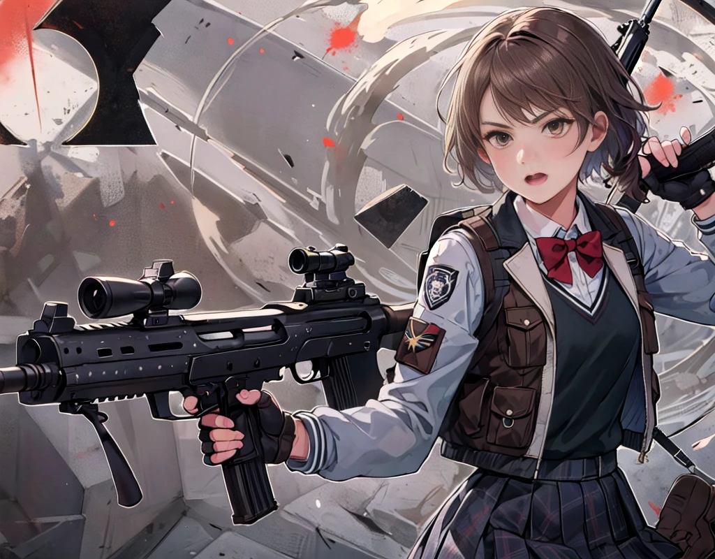 1girl, solo, long hair, open mouth, skirt, brown hair, black hair, gloves, holding, twintails, brown eyes, school uniform, jacket, full body, ponytail, weapon, pleated skirt, shoes, black gloves, socks, fingerless gloves, holding weapon, from side, gun, plaid, kneehighs, plaid skirt, brown footwear, white jacket, black socks, loafers, holding gun, rifle, smoke, brown skirt, sniper rifle, firing, scope, suppressor
