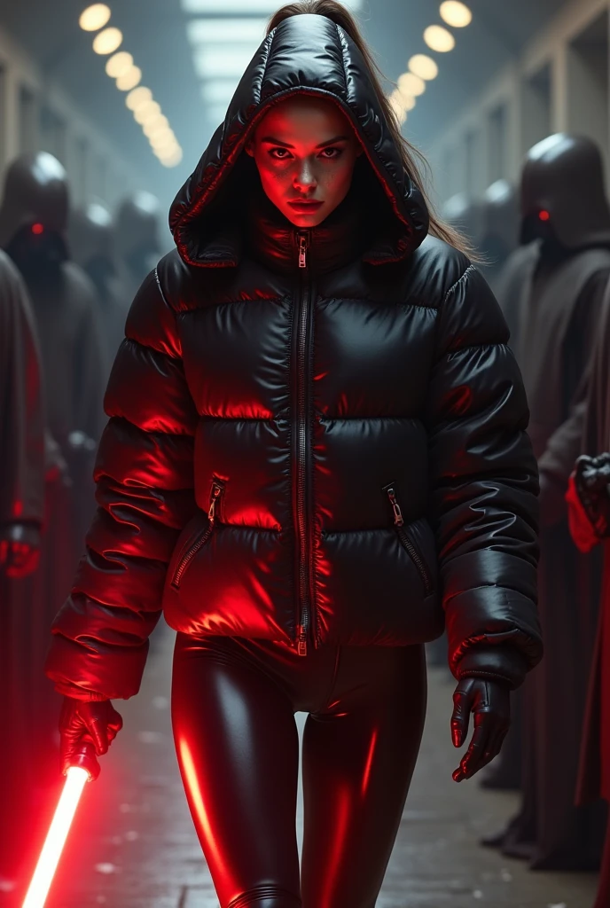  a slim ponytail  angry sith wielding her bright lightsaber, she is walking in room full of jedi,beautiful detailed bright red-colored eyes,beautiful freckles,beautiful detailed lips,extremely detailed eyes and face,longeyelashes, wearing beautiful detailed skintight airtight covering-head hooded armored formfitted duvetica overfilled overinflated shiny hyper gleamy  thick hyper glossy puffervest covering  her padded high-collared pufferjacket, glossy latex  leggings,symmetrical,masterpiece,cinematic,lifelike,hyperrealistic,8k,photorealistic,highly detailed,intricate,exquisite,elegant,beautiful,stunning