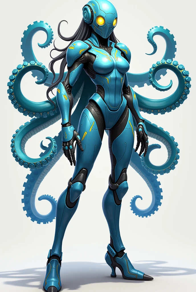 stylized style, Overwatch style female character concept, full body back and front view, robot detailed face with round eyes, octopus theme, body covered with armor