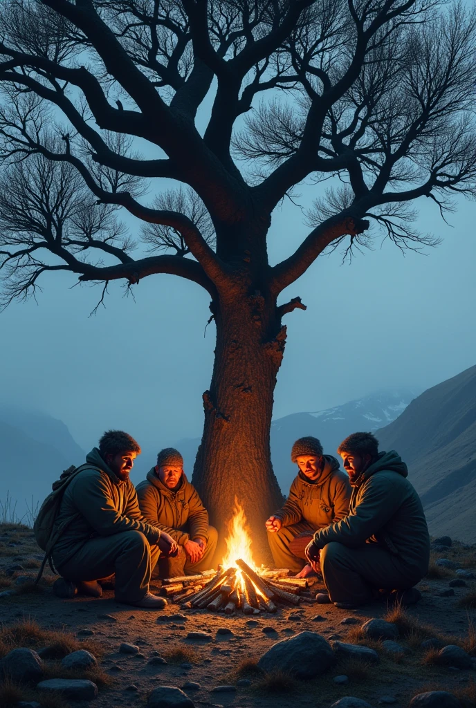 6 men sitting under a tree in Iceland and lighting a fire with badly condition 