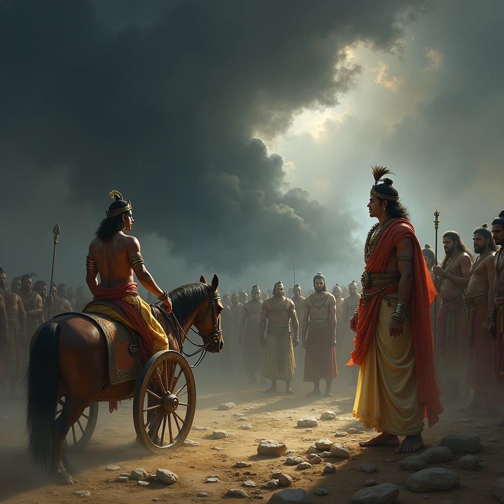 Visualize Arjuna standing in his chariot, his expression filled with sorrow and concern. In the background, depict the Kaurava army, their faces twisted in greed and ignorance, oblivious to the devastation around them. The battlefield is littered with broken family crests and shattered symbols of unity, representing the destruction of family bonds. A dark, ominous cloud looms over the Kauravas, symbolizing the sin they are blind to. Krishna stands beside Arjuna, his hand on Arjuna's shoulder, guiding him, while faint, ghostly images of ancestors look on with sadness, emphasizing the moral and spiritual weight of the situation.