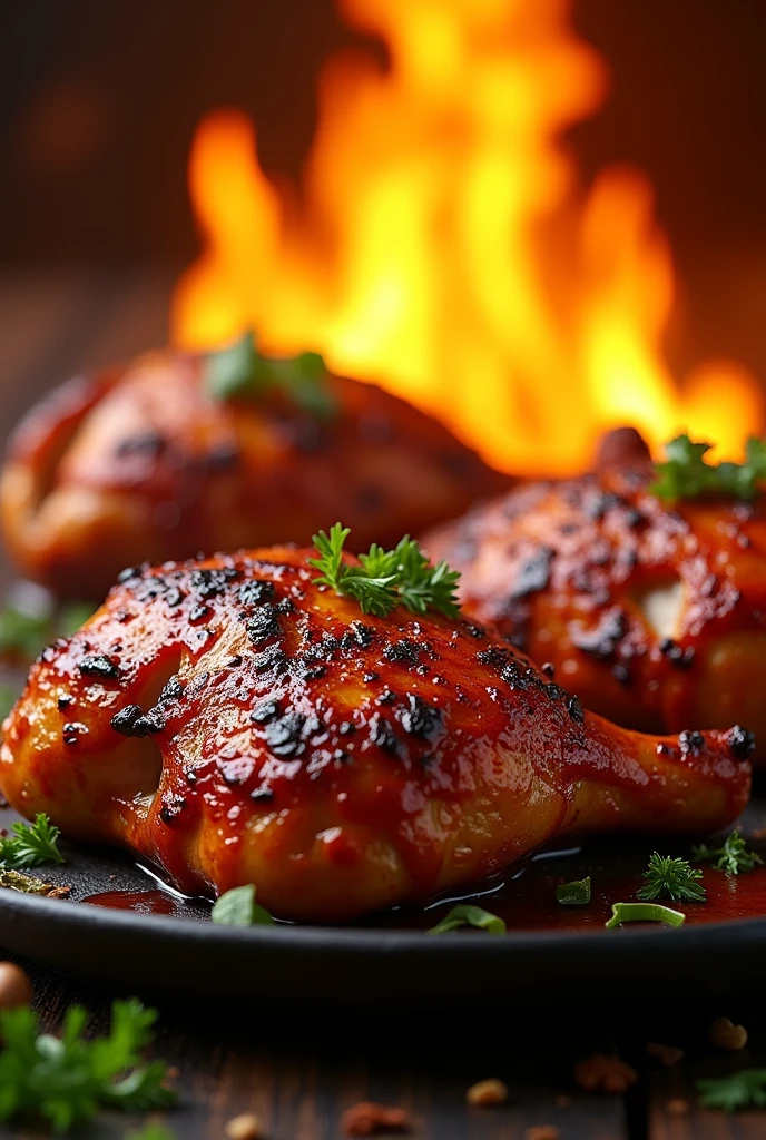 Please make me barbecue hall chicken, with a background of a fire.