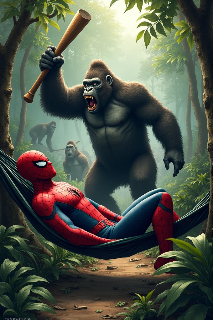 The image presents a humorous and adventurous scene set in a dense forest. Spider-Man is lounging casually in a hammock, seemingly unbothered, while a large gorilla menacingly approaches him with a wooden bat raised, as if about to strike. In the background, chaos ensues as more gorillas are involved in some sort of conflict or chase. The scene is both tense and absurd, mixing the calm demeanor of Spider-Man with the imminent threat posed by the gorilla. The contrast between the laid-back attitude of Spider-Man and the surrounding mayhem adds a comedic element to the image.