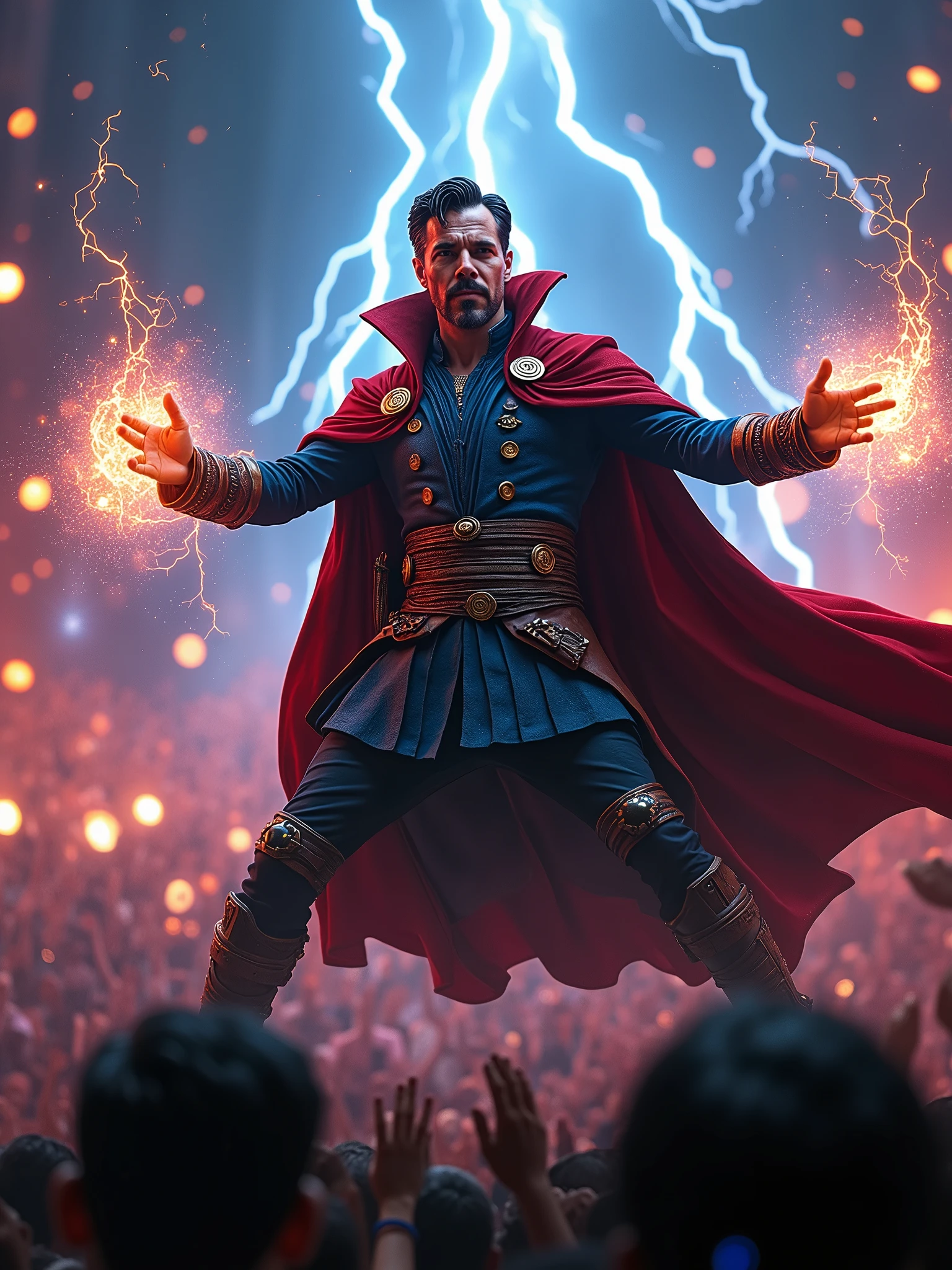 Rock Dr Stranger marvel holding the mic singing with a background of thunder and a very rock vibes.