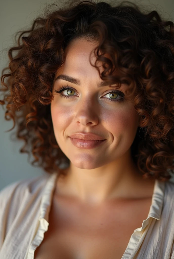 Photo d’une Femme ronde d’origine portugaise, German and French with brown curly hair, green eyes that weighs 85kg for 1,70m in size