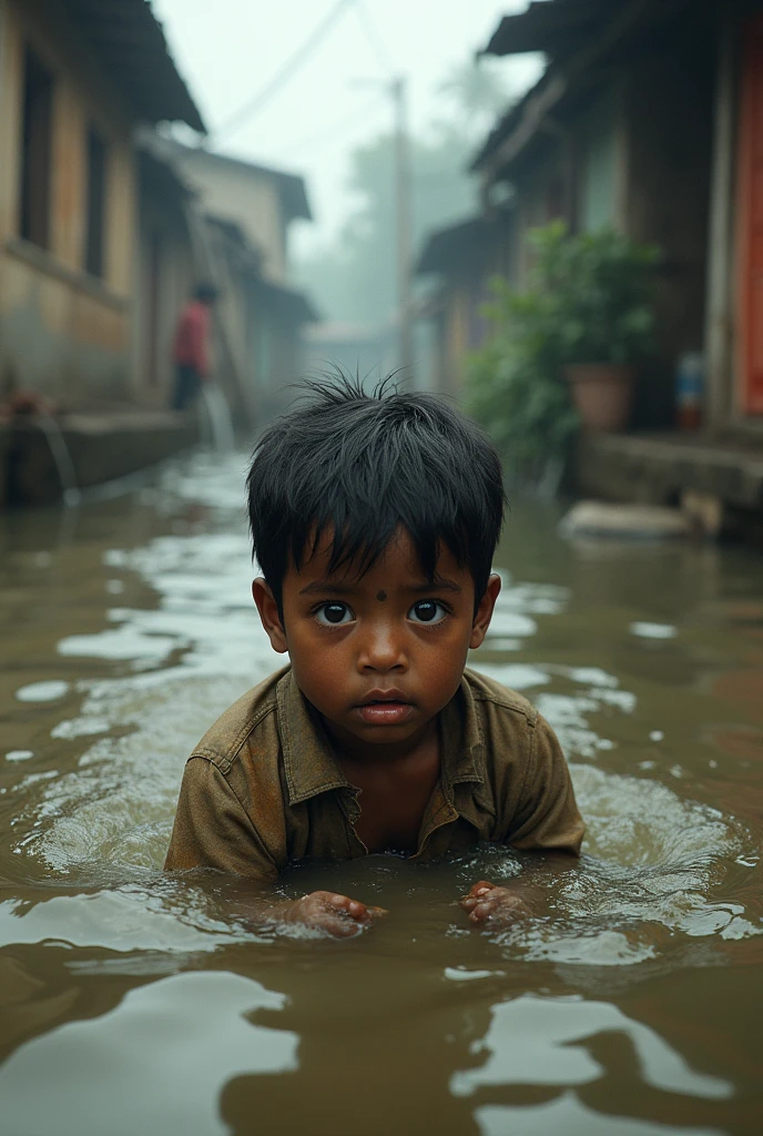 A banadeshi child is so afraid in flood.