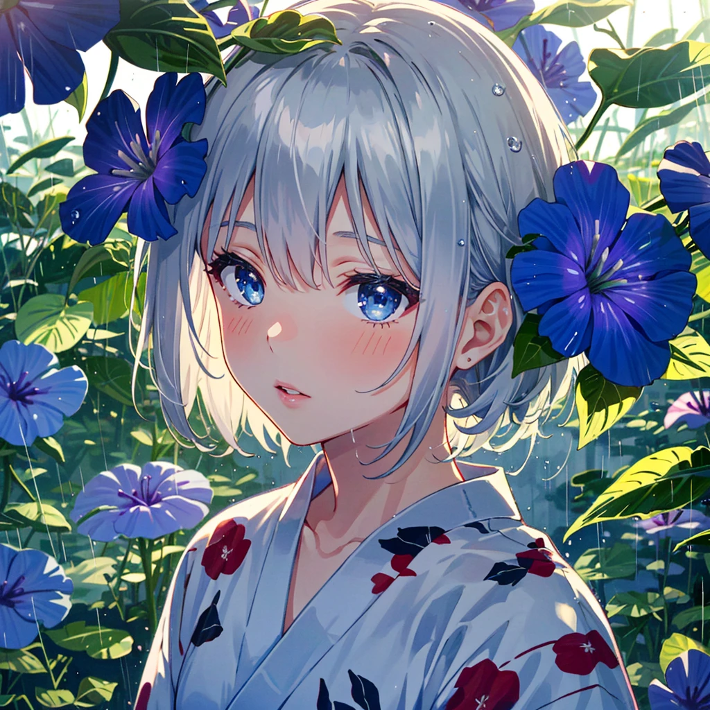 Score_9, Score_8_up, 1 girl, solo, outdoor, silver hair, side lock, blurred background, blurred, lips parted, blue eyes, looking at camera, (red yukata), (morning glory pattern), (lifting) flower: 1.4), depth of field, rain, Japanese garden, gravel, overhead shot,