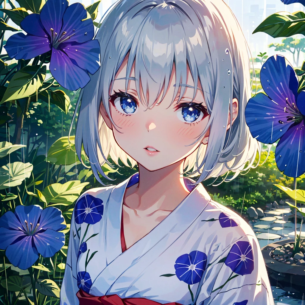 Score_9, Score_8_up, 1 girl, solo, outdoor, silver hair, side lock, blurred background, blurred, lips parted, blue eyes, looking at camera, (red yukata), (morning glory pattern), (lifting) flower: 1.4), depth of field, rain, Japanese garden, gravel, overhead shot,