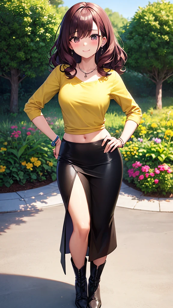 masterpiece, best quality, 1girl, beautiful woman with wavy hair, medium hair, (burgundy hair), hair curls, messy hair, average bust, (wearing yellow t-shirt and long black pencil skirt), long sleeves, fitting shirt, tight clothes, long skirt:1.3, boots, collarbone, midriff, necklace, earrings, bracelet, summer, garden, looking at viewer, full body, light smile, full-face blush, hand on own hip,