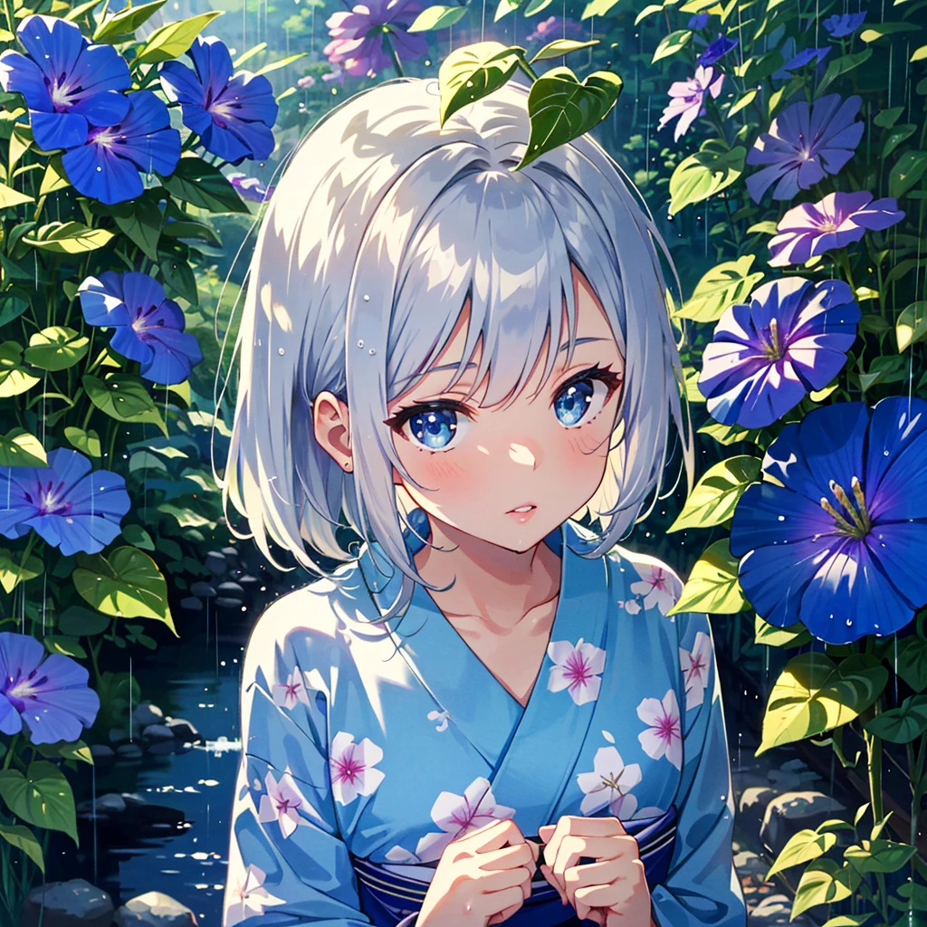Score_9, Score_8_up, 1 girl, solo, outdoor, silver hair, side lock, blurred background, blurred, lips parted, blue eyes, looking at camera, (red yukata), (morning glory pattern), (lifting) flower: 1.4), depth of field, rain, Japanese garden, gravel, overhead shot,