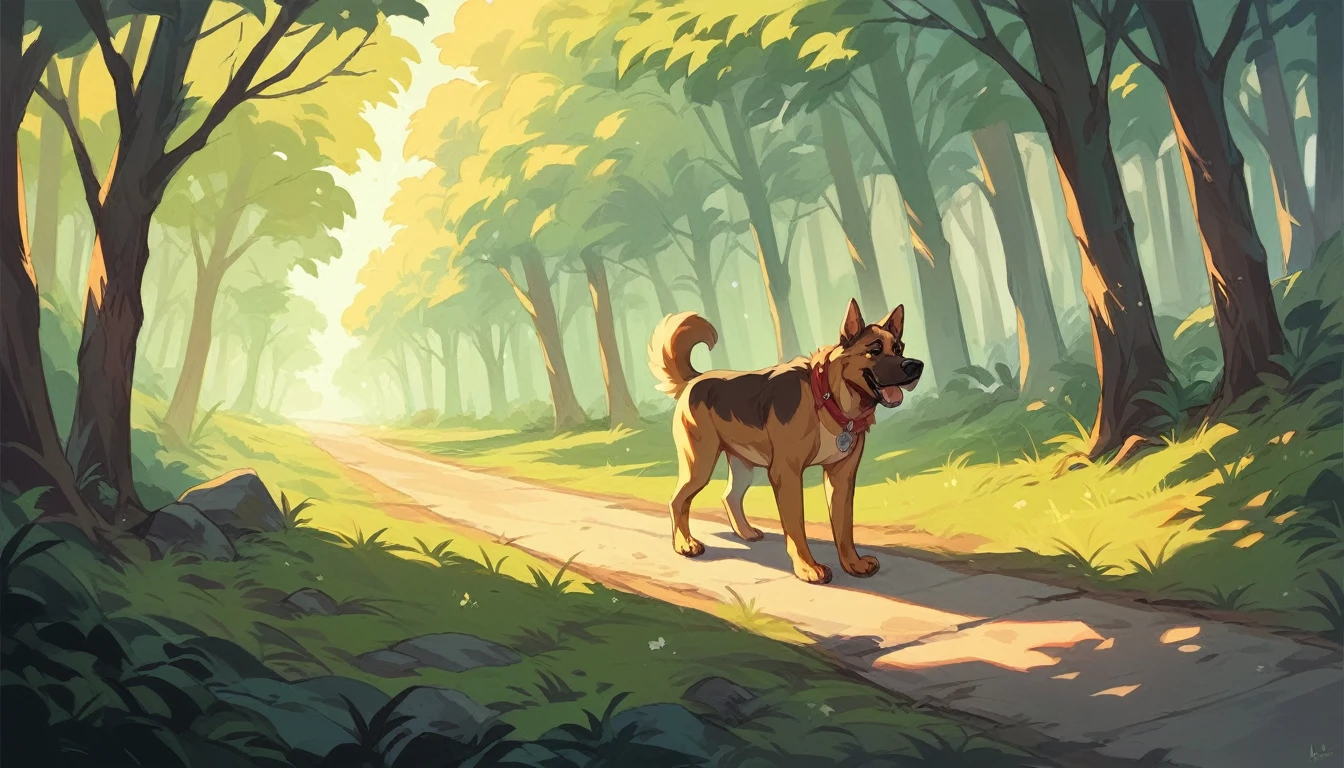 golden dog on the road near a forest 