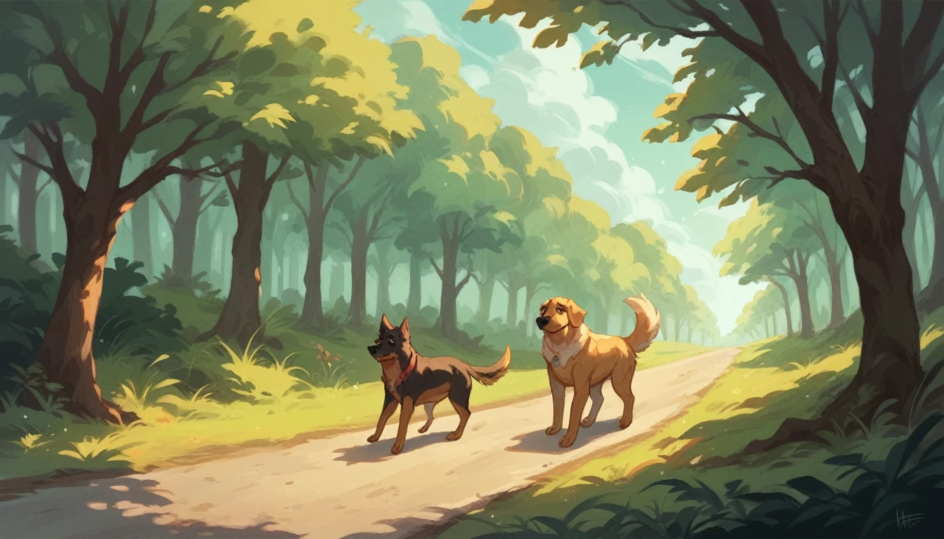 golden dog on the road near a forest 