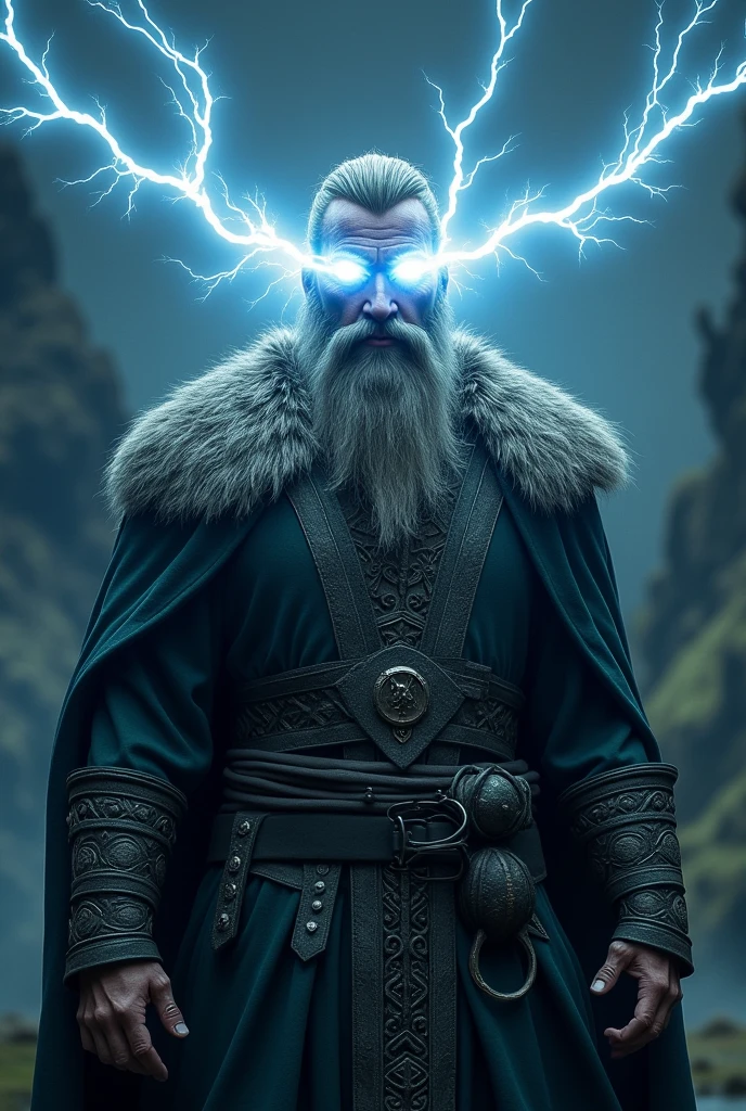 Person receiving electricity, rays coming out of the eyes, with clothes, um homem viking