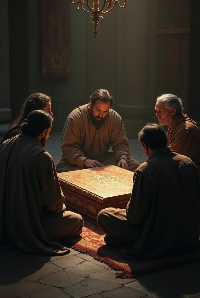 4 people sitting facing backward around the bible 
