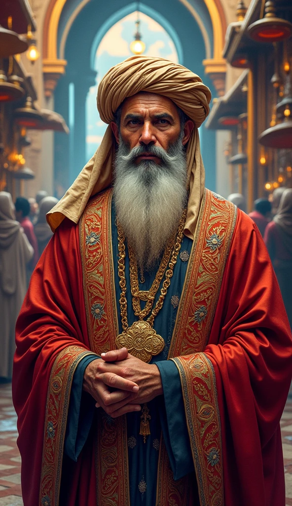 A stunning Molvi image, rendered in a vibrant and colorful style, with intricate details and patterns that will transport you to a bustling bazaar in the Middle East.