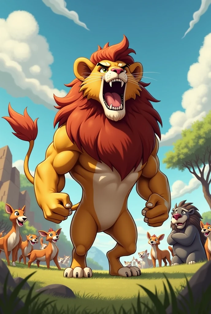 Detailed picture of a confident man anthro, (Lion, powerful body) standing proudly on the middle of the savanna, roaring with his mouth wide open. trending on Art Station, Ross Tran, ruan jia, foxovh, ((determined expression, the other animals are clapping and cheering in the background, cartoon