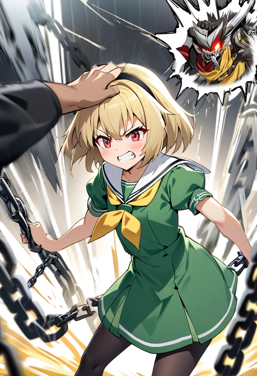 (chain), (chain Focus), (Weapon), houjou_Satoko, 1girl, 独奏, blonde,short hair,hair band,Red eyes,teeth,Green Dress,White sailor collar,Yellow neckerchief,Short sleeve,Puff sleeves,Black Pantyhose,Flat Chest, headpat, Action pose, Deathblow, Swinging a chain