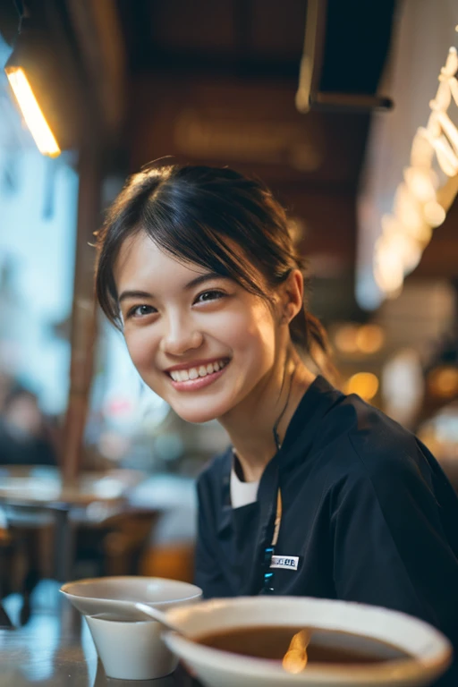 (8k, RAW photo, best quality, masterpiece), (photorealistic), outstanding details, ultra-high resolution, anatomically correct, textured skin, (Extremely precise and accurate anatomy),
Ultra Detailed Face, Detailed Eyes, 

 1 Girl, barista uniform, forehead, pulled back hair, 
(Cute Japanese girl , 20-year-old), (light smile:1.2),  (Mouth slightly open) , 
cinematic lighting in the hair, hair light, wind in the hair,
open cafe, 

(backlighting), 
(reflection light from below:1.4), 
atmospheric perspective, depth of field, 
(dramatic lighting), cinematic lighting, 