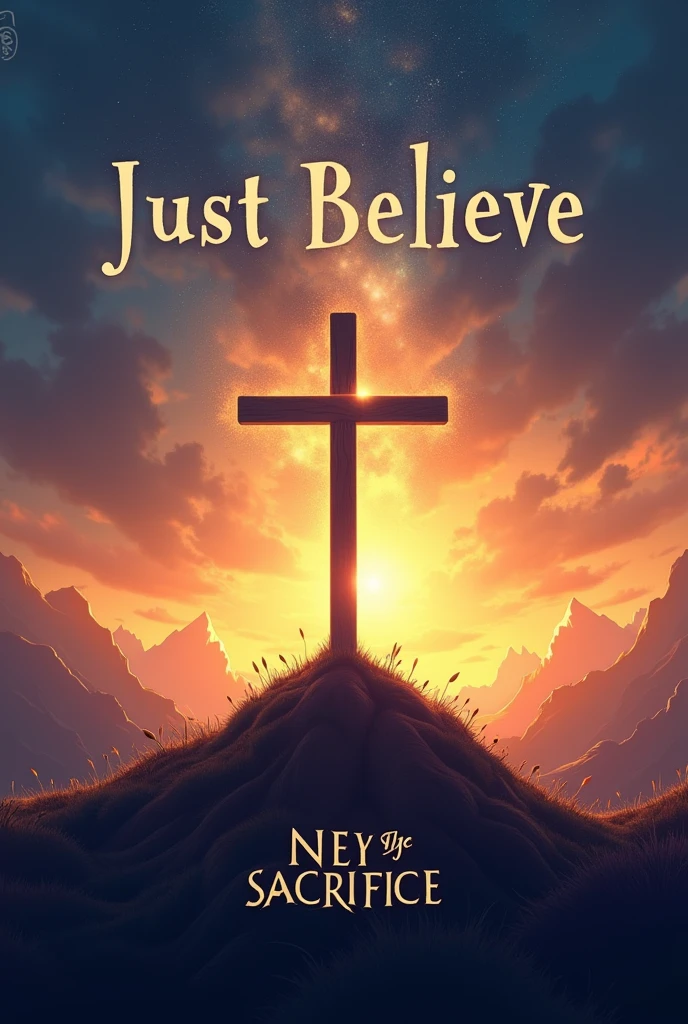 Create a CD cover for a Christian band with the name "Living Sacrifice Band". The band name should be in smaller letters at the bottom of the cover.. The album title, "Just Believe", should be the main highlight, written in an elegant, modern font in large, clearly visible letters.
Elementos visuais:
Empty Cross on a Hill: Include an empty cross positioned on top of a mound, with a light effect highlighting the cross. The light must come from behind the cross, creating a dramatic, celestial lighting effect.
Background and Colors:
Use modern colors, like a combination of dark blue, doradas, orange and purple, to create a spiritual and inspiring atmosphere.
Consider using a sunset or sunrise sky to add depth and emotion to the background..
Additional Styles:
realistic model: A realistic scene with a cross prominently displayed under a dramatic sky.
Cartoon Illustration Style: A stylized drawing of the cross in a mountainous landscape, with a starry sky or at sunrise, for a more youthful and vibrant look.
Abstract Model: Use abstract shapes and vibrant colors to represent dynamism and movement, symbolizing faith and belief.
General Style:
Design should convey a sense of faith, Hope and spirituality.
The image must be in high resolution (4K) to ensure print sharpness and quality.