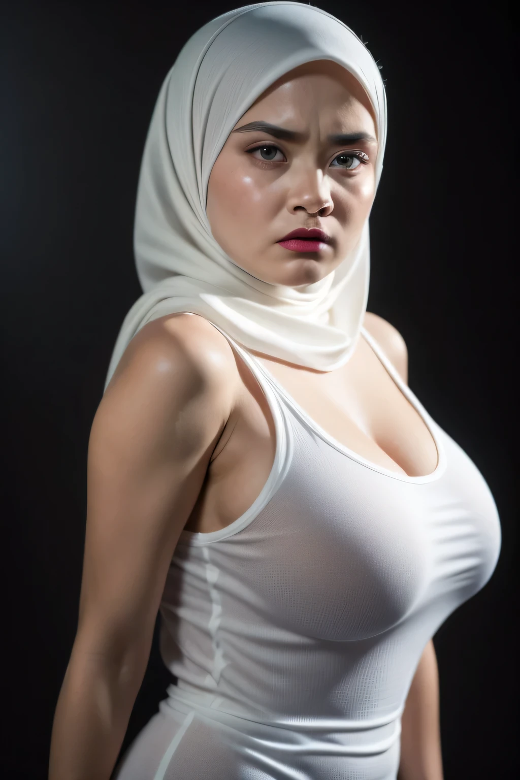 ((Red Lips)), Jumbo (Singlet), Chubby adorable, 1 girl, (face to face), , ((baby face)), (angry face expression:1.35), half body portrait, (face details: 1), (eye details: 1), ((big breasts)). wearing transparent transparency soft long shirt, hijab, .. Cute posed. proportional body. Ultra High Res. realistic: 1.4, UHD, ((plaid pattern)), ((Bigger:2.3)), (((DARK BACKGROUND)))