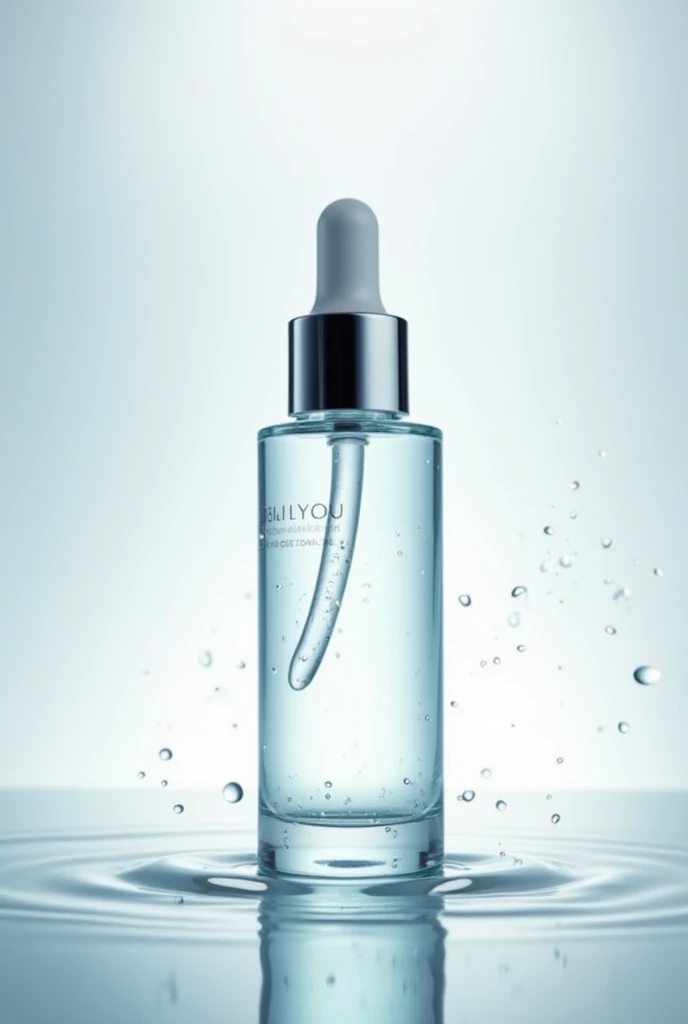 Design a sophisticated image showcasing a premium face serum bottle. The serum should have a sleek, modern design with a glass dropper and an elegant label. Place the bottle against a clean, minimalist background, with soft lighting that emphasizes the product's transparency and luxurious feel. Include subtle elements like water droplets or a gentle glow to evoke a sense of hydration and rejuvenation, highlighting the serum's skincare benefits