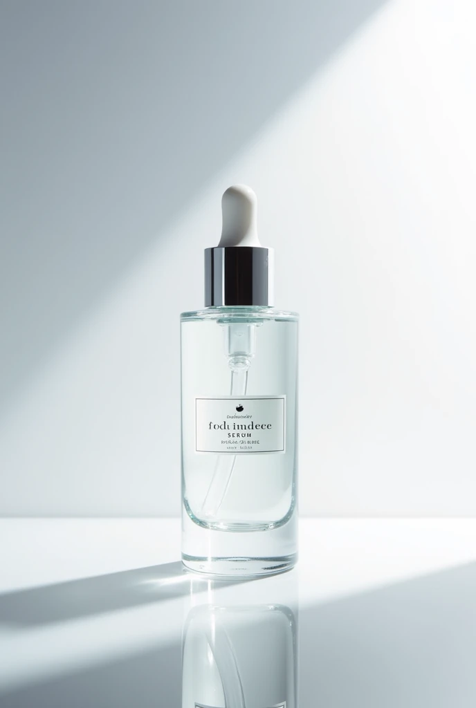 Design a sophisticated image showcasing a premium face serum bottle. The serum should have a sleek, modern design with a glass dropper and an elegant label. Place the bottle against a clean, minimalist background, with soft lighting that emphasizes the product's transparency and luxurious feel. Include subtle elements like water droplets or a gentle glow to evoke a sense of hydration and rejuvenation, highlighting the serum's skincare benefits