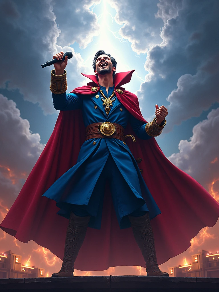 Rock Dr Stranger marvel holding the microfon singing with a background of thunder and a very rock vibes.