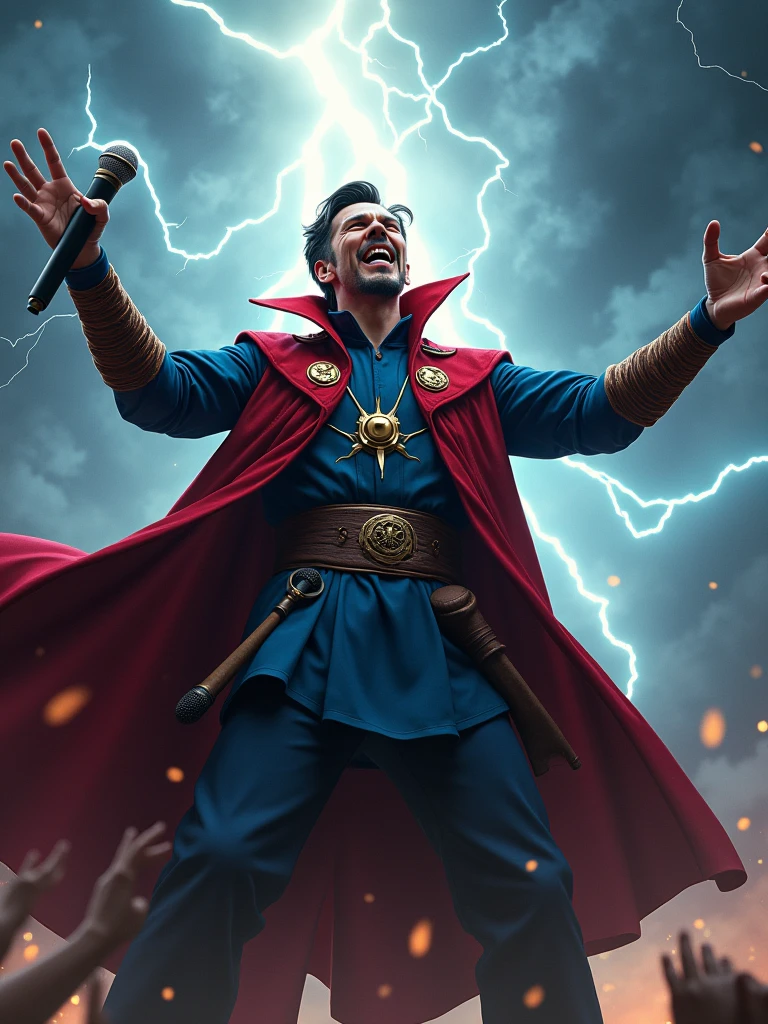 Rock Dr Stranger marvel holding the microfon singing with a background of thunder and a very rock vibes.