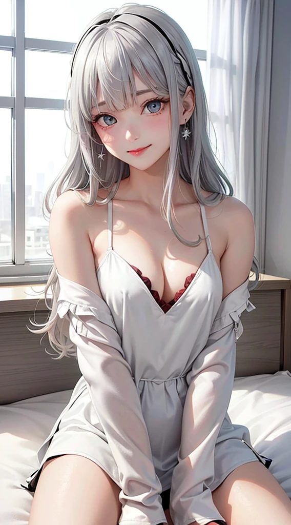 1Girl, Solo, Anime, Ideal body, (Cleavage, (Small breast:1.1), (Hard nipples:1.1). Beautiful, Gorgeous, Fresh, Blunt Bangs, (White Grey Hair:1.5),(Straight and Wavy Long Hair:1.3), school, student, uniform, eyeglasses, Off-Shoulder, Oversize, dress laced, Comfort, Loose dress, satin Texture. (Sit on bed:1.3). Earrings, Thin Black Headband, Green Accessories, Environmental Details, Bed Room, Natural Light, Modern Bed, Chair, Window, White Curtain, City View. pov, anime style, UHD, retina, masterpiece, accurate, anatomically correct, textured skin. High Resolution, Looking at the viewer, Blush, Best Quality, Award Winning, Accurate, Embarrassed, seductive smile, sweating, Naughty Face, Naughty, Gradient Eye Color, Sexy Pose. Cowboy Shot, licking lips, high class.