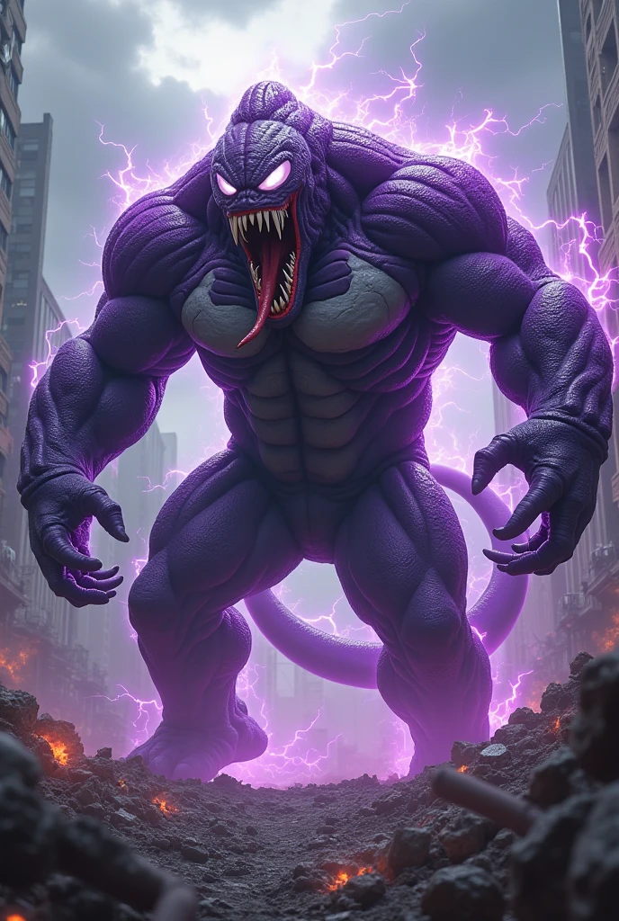 Draw a fusion between Venom and King Kong。High proportion of Frieza。Super Saiyan、Purple