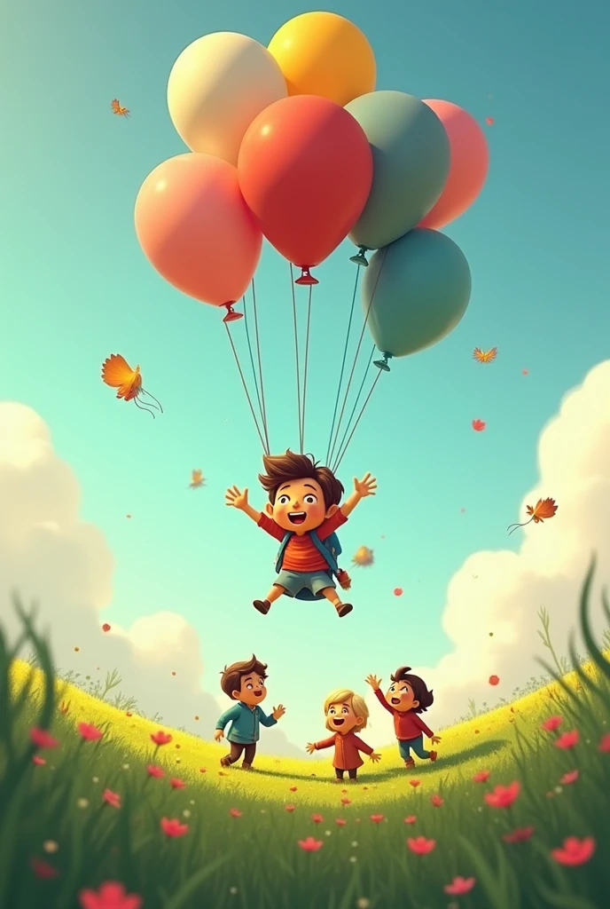 Max the was floating above the park,
The other kids gasped in amazement. “Look at Max!” they shouted. “He’s flying!” with balloons