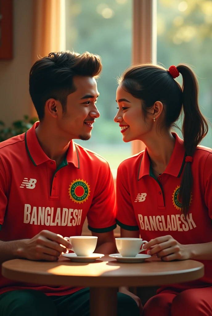 Nayeem and Jannatul seating together and drinking tea and wearing Bangladesh cricket shirt and showing their name in shirt