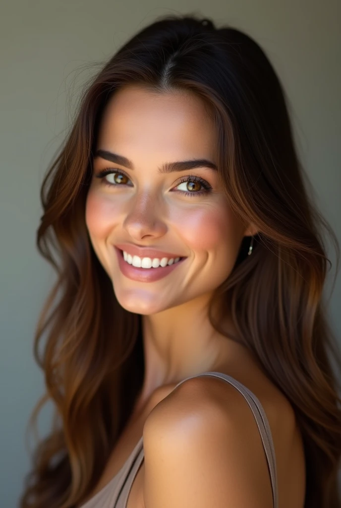 A very realistic and detailed photo of beautiful italian woman, light makeup, realistic long straight sleek brown hair, high quality photo 4k, very detailed, perfect fit, looking at the camera, detailed realistic face, detailed eyes, smiling