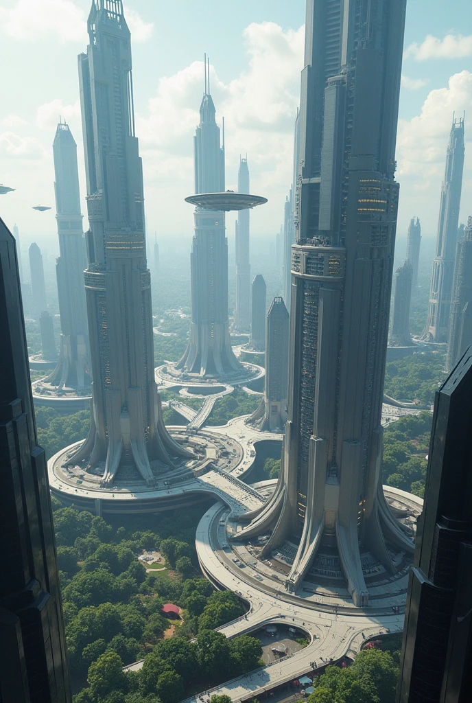 A city in 9000 years in future with taller buildings 