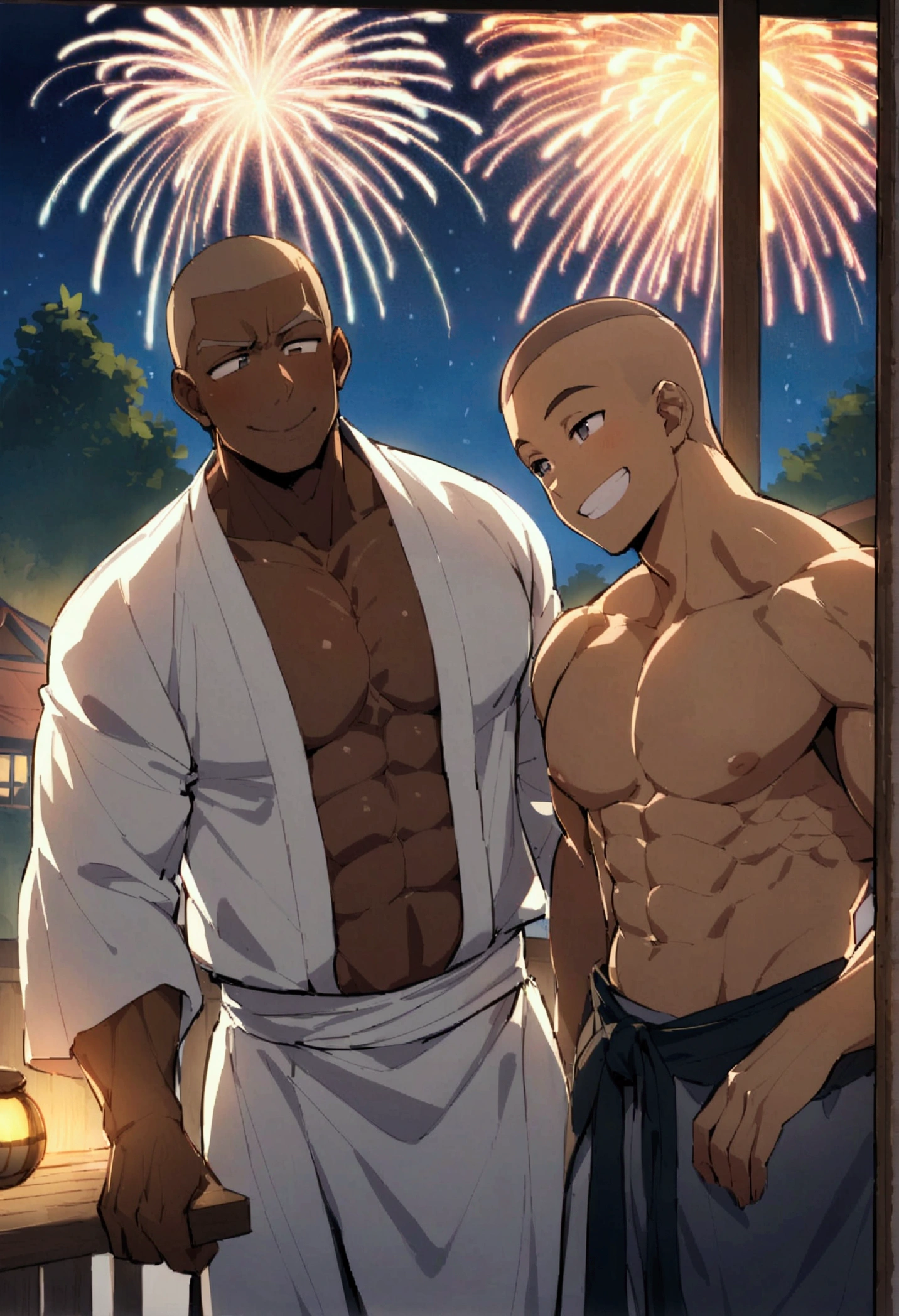 Highest quality、Midsummer evening、Short Hair、Sports haircut、Big macho man、A pair of muscular men wearing yukatas watching fireworks on the veranda、Happy Face、Pectoralis major、Abdominal muscles、Brown skin、Shaved head