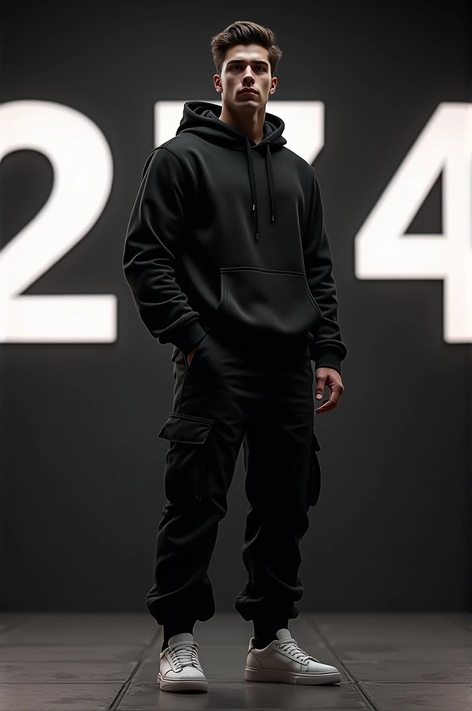 A boy with big muscles wearing full sleeves black hoody and a black cargo pant wearing white shoes and written behind him AK274 with lights