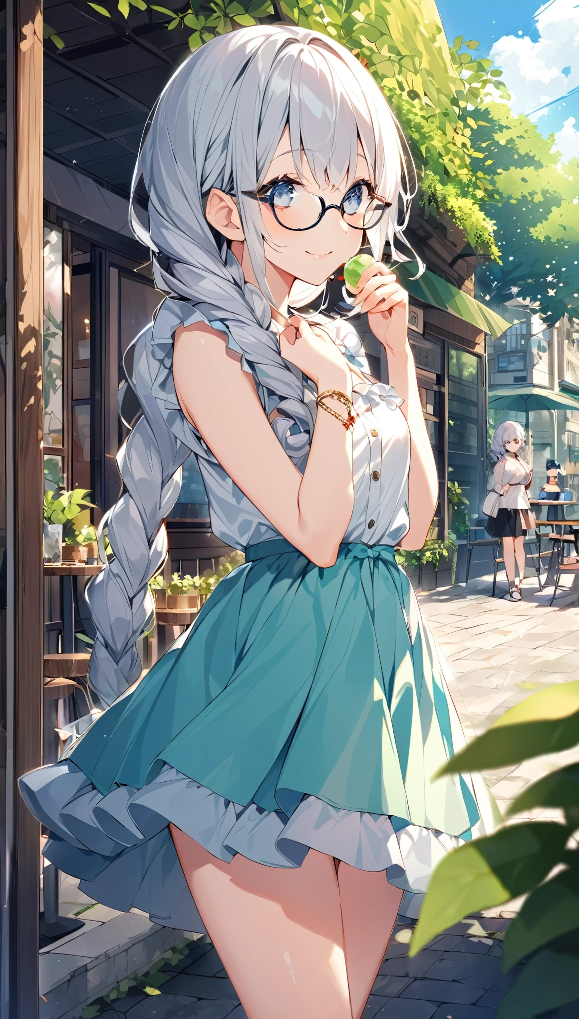 High-quality illustrations、Draw the whole body、Curly long hair with glasses、Loose braided hair、20代の少しBaby Faceな可愛い。Small breasts、Cute clothes、The location is an outdoor cafe surrounded by greenery.。smile、Draw women slightly larger、Beautiful breasts、、skirt、Silver Hair、Grey Hair、Slim body、Watery eyes、Looking this way, he is happy.、I&#39;m not wearing anything on my head、Ahoge、丸くBeautiful breasts、smile、Brasilia、Messy Hair、Plump thighs、Absolute area、Highest quality, Very detailed, Attention to detail, masterpiece:1.2,