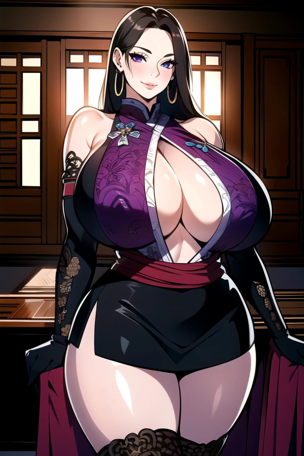 ultra realistic 8k cg, masterpiece, ((ultra detailed background, intricate detail, highly detailed, fine details best quality, hyperdetailed face)), gigantic breasts ,beautiful lighting, absurdres, BoaHancockV2, 1girl, solo, black hair, long hair, jewelry, closed mouth, ), cleavage, (chinese dress : 1.1), (underboob : 1.4), elbow gloves, thigh boots, miniskirt, bare shoulders,, bare shoulders, curvy, midriff, curvy, thighs, shiny clothes), violet eyes, complex detailed background, indoor, palace), ((cowboy shot)), curvy, (gigantic breasts: 1.4), seductive smile, cowboy shot, earrings, jewelry